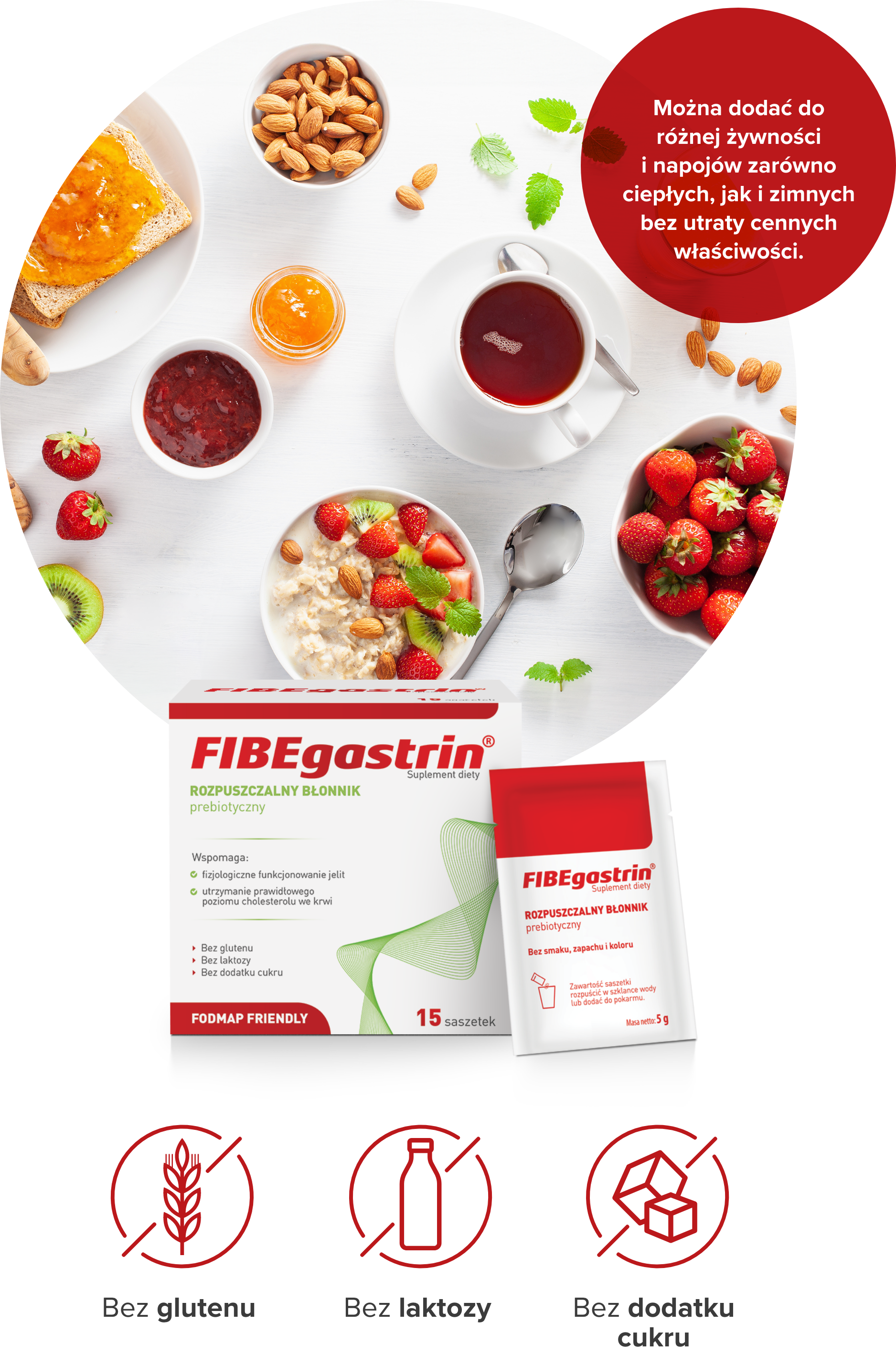 jedzenie; opakowanie fibegastrin; opis: Można dodać do różnej żywności i napojów zarówno ciepłych, jak i zimnych bez utraty cennych właściwości.